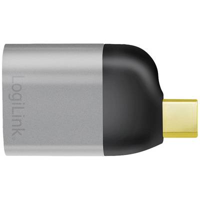 A USB-C adapter with a grey and black casing and gold-coloured connection surface, labelled 'LogiLink' on the side.