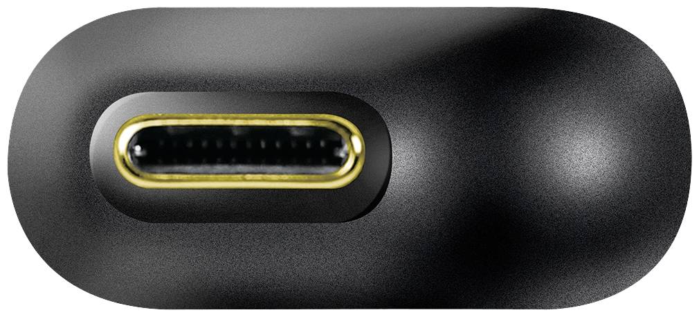 Close-up of a black USB-C socket with a gold-coloured rim, showing the socket opening.