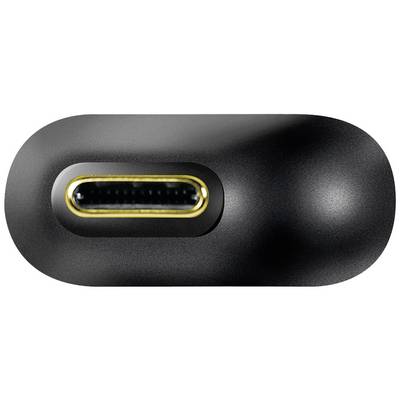 Close-up of a black USB-C socket with a gold-coloured rim, showing the socket opening.