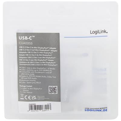 USB-C Adapter Packaging by LogiLink with Model Number CUA020S. Specifications and compatible device information are printed on the packaging.