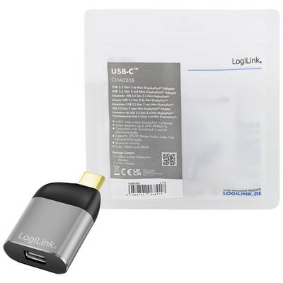 USB-C to Mini DisplayPort adapter by LogiLink in a grey package. Adapter is visible from the outside, packaging shows product details on the reverse side.