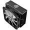 A black CPU cooler with large, white fan blades on the front, mounted on a rectangular heatsink with a logo on top.