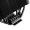 Black CPU cooler with fins for heat dissipation, part of a cooling system for computer components.