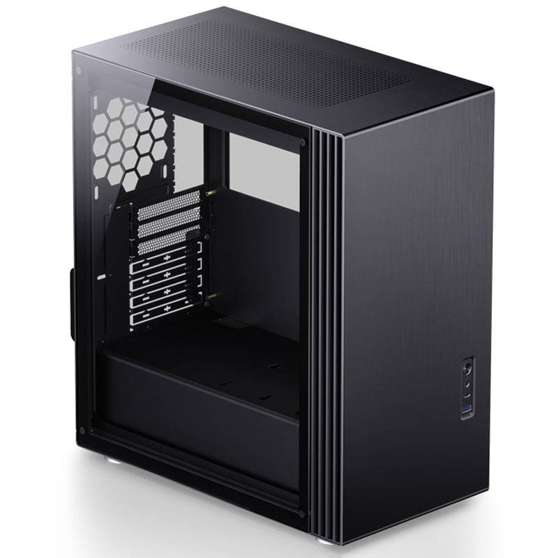 A sleek, modern PC case in black metal with a glass front and side panel, featuring multiple expansion slots and USB ports on the front.