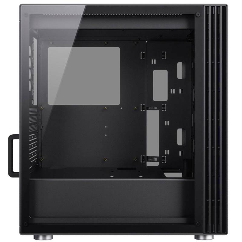 The image shows an empty, black computer case with a transparent side panel. Suitable for assembling a PC.