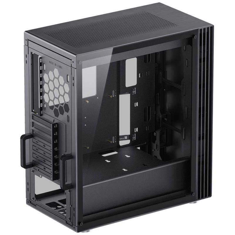 A black PC case with a transparent side panel. Shows space for components such as motherboard and drives. No installations.