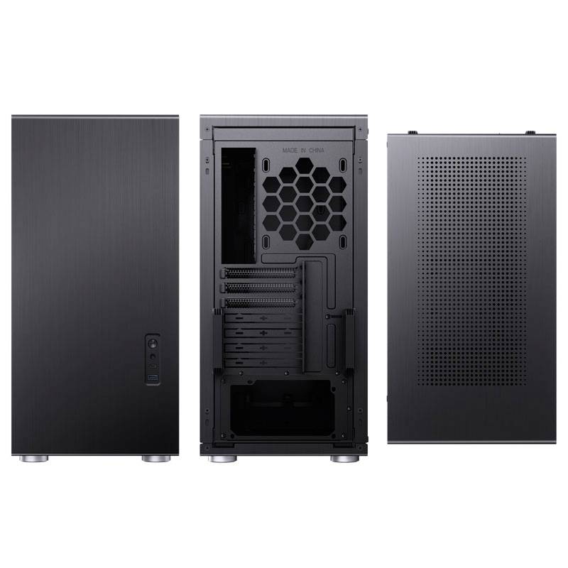 'Three views of a PC case: front view with smooth surface, rear view with connection openings, and perforated side panel.'