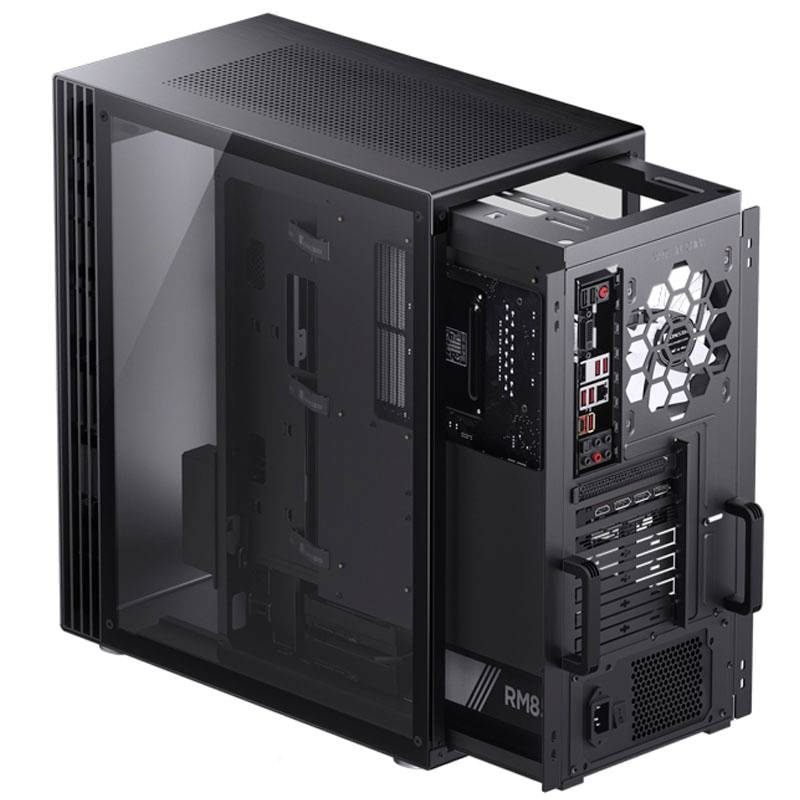 PC case, black, with transparent side panel, provides a view of internal components. Rear shows connections and ventilation grilles.