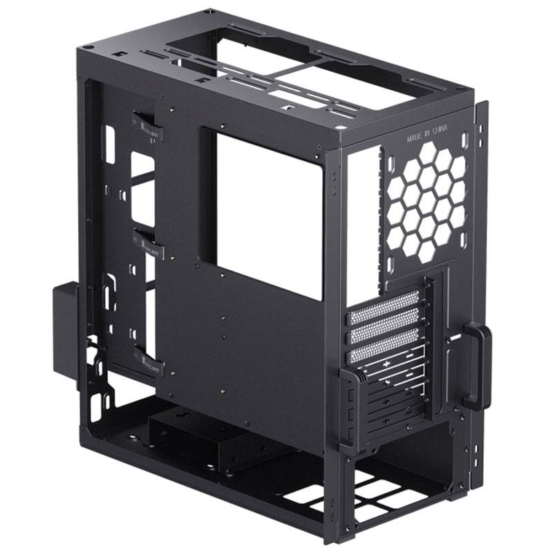 Black computer case without glass panels, showing interior with space for motherboard and ventilation grilles on the back.