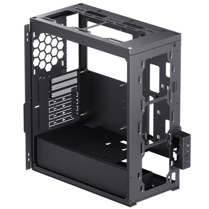 Black, open computer case with modular components and ventilation openings, suitable for PC build projects.