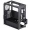 Black, open computer case with modular components and ventilation openings, suitable for PC build projects.