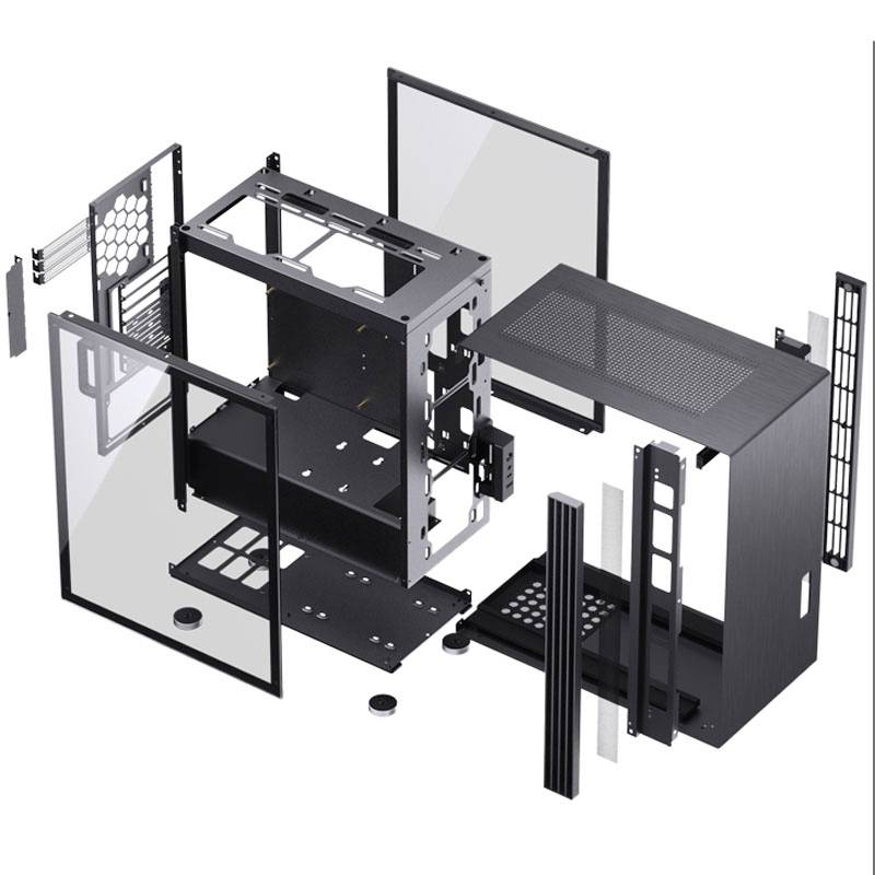 A computer case in its individual parts: panels, frame, and components are laid out for assembly.