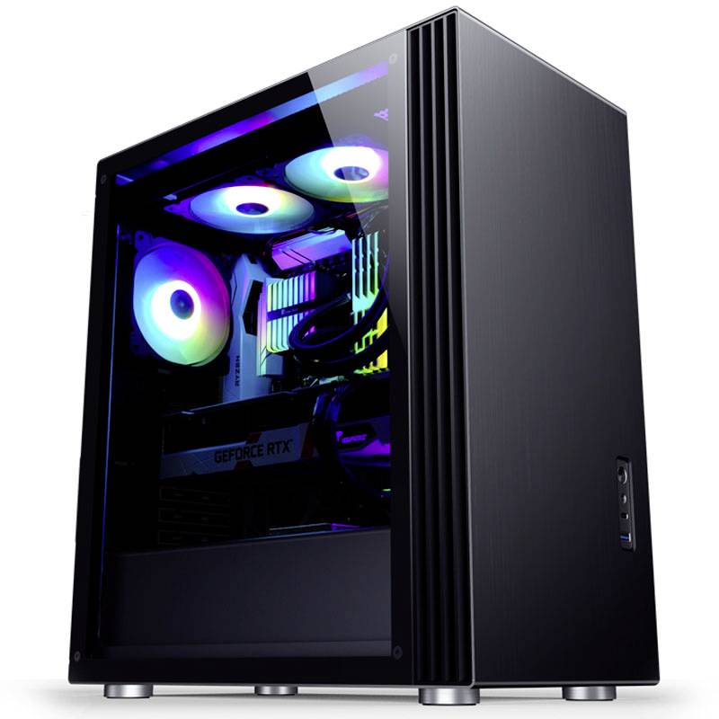 Black PC case with a transparent side panel shows illuminated, colourful fans and a GeForce RTX graphics card.