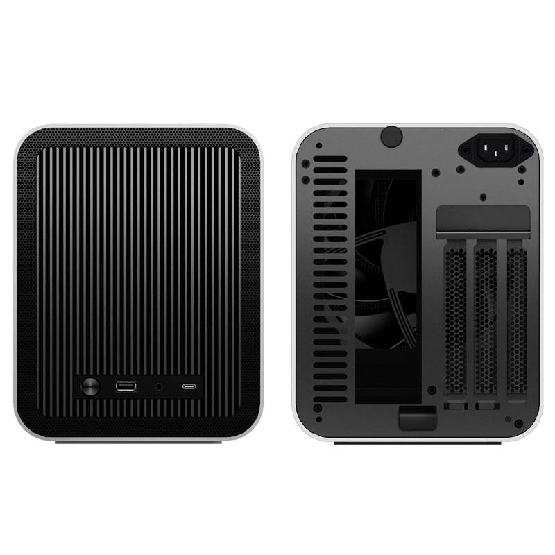 Front and rear view of a compact PC with ventilation slots, ports at the front and back, black chassis with silver accents.
