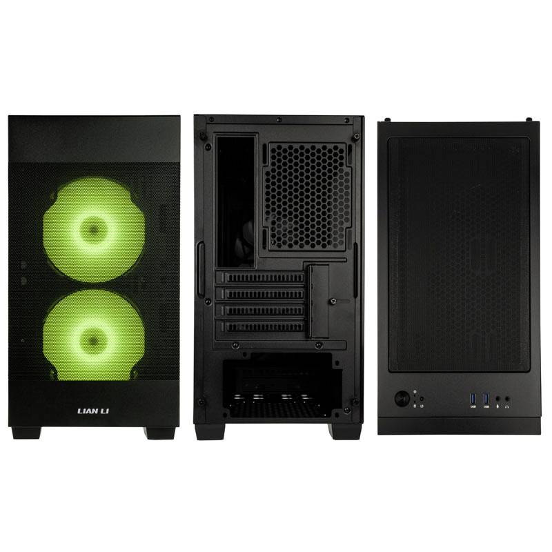 PC case shown from front, back, and top. Two large green fans illuminated at the front. USB ports on the top.
