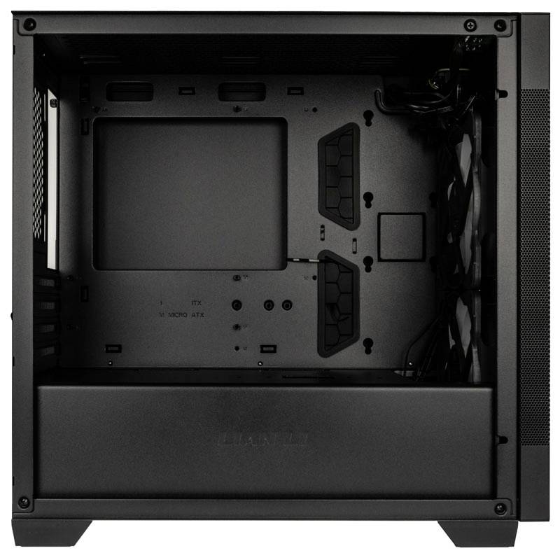 A black computer case from the inside, with an open view of the motherboard compartment, provides space for hardware components.