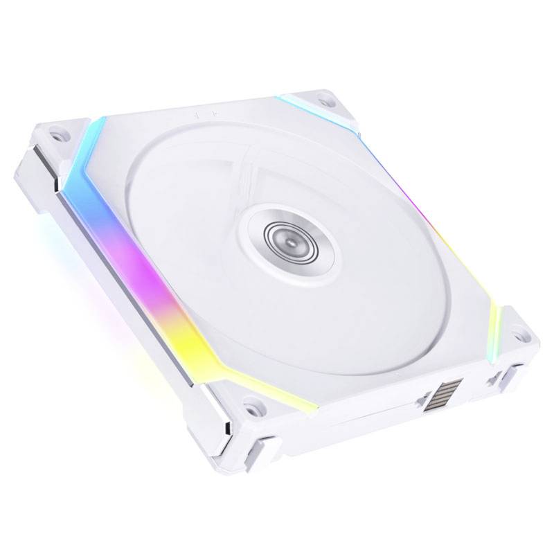 A white PC fan with RGB lighting in the corners illuminates in various colours.