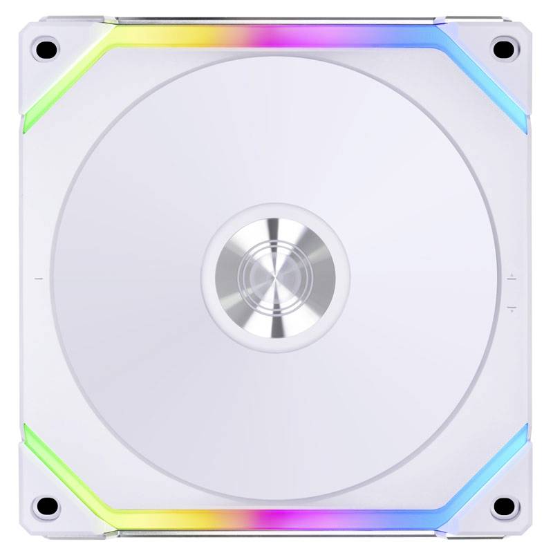 A white computer fan with a silver hub in the centre, surrounded by a rectangular frame illuminated in different colours at the corners.