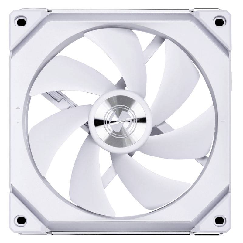 White computer fan in a square housing with circular rotor blades, suitable for cooling in PC cases.