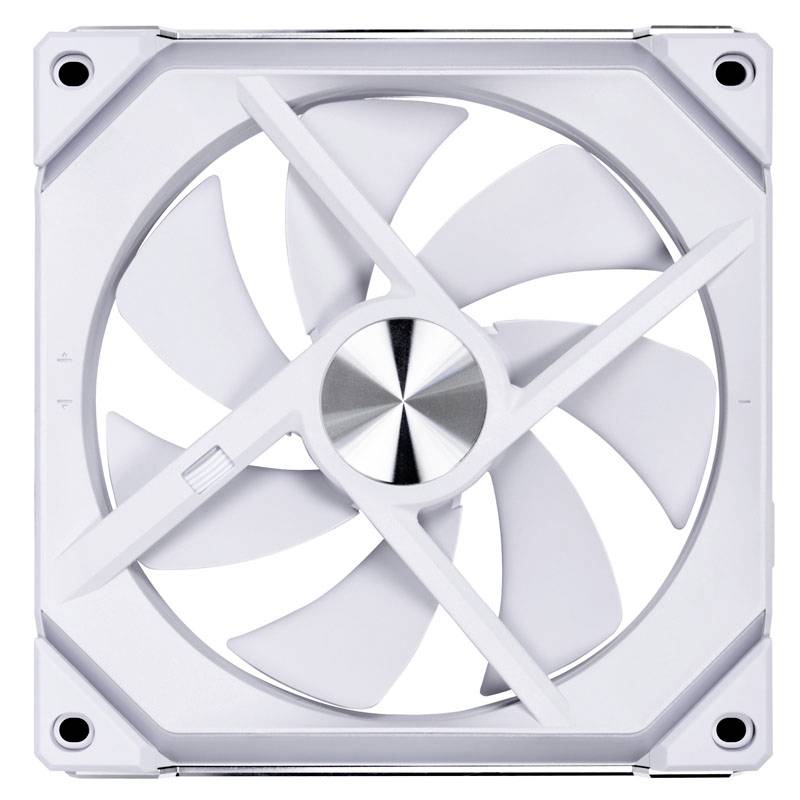 A white computer fan with a square frame structure and five blades, pictured from above.
