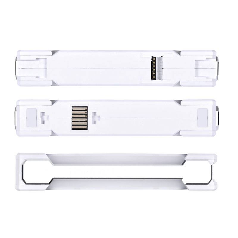Three white, rectangular USB drives, shown from different perspectives, with clearly visible ports at the top and bottom.