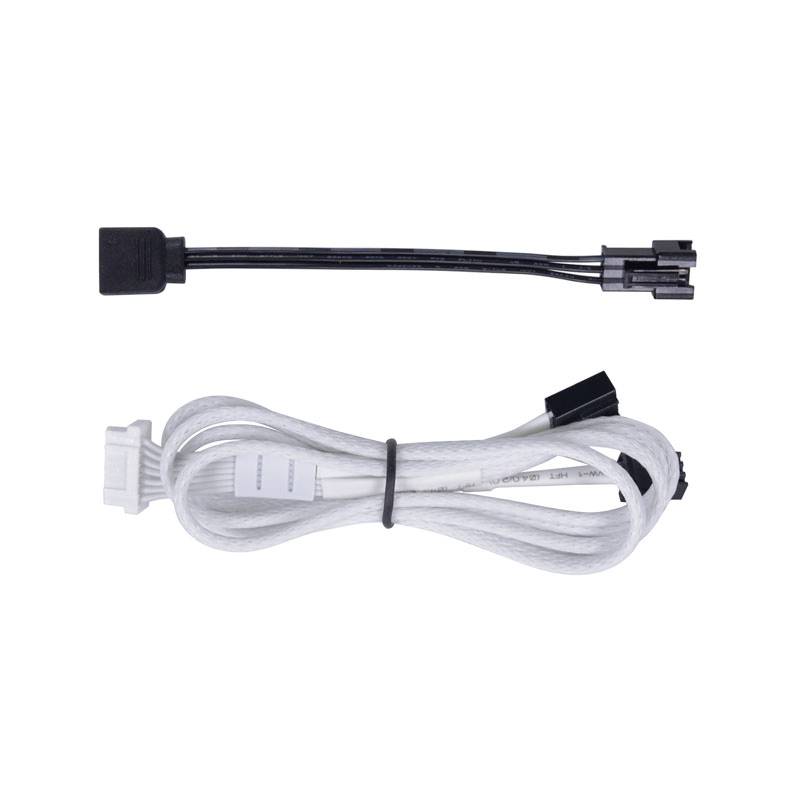 Two power cables: At the top, a short black cable with a right-angled connector; below, a longer white cable with multiple plugs.