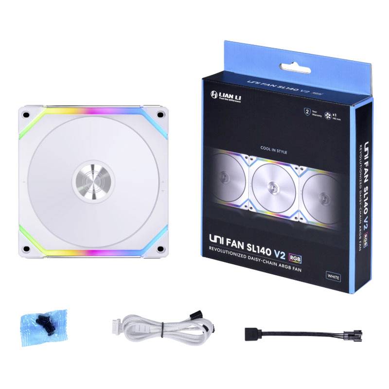 'Packaging and individual components of a Lian Li Uni Fan SL140 V2 RGB fan. The fan features a stylish design with RGB lighting.'