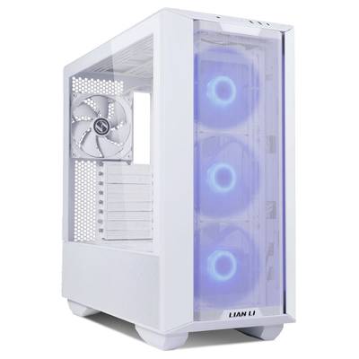 A white PC case by Lian Li with a side viewing window and illuminated front fans. Ideal for gaming setups.