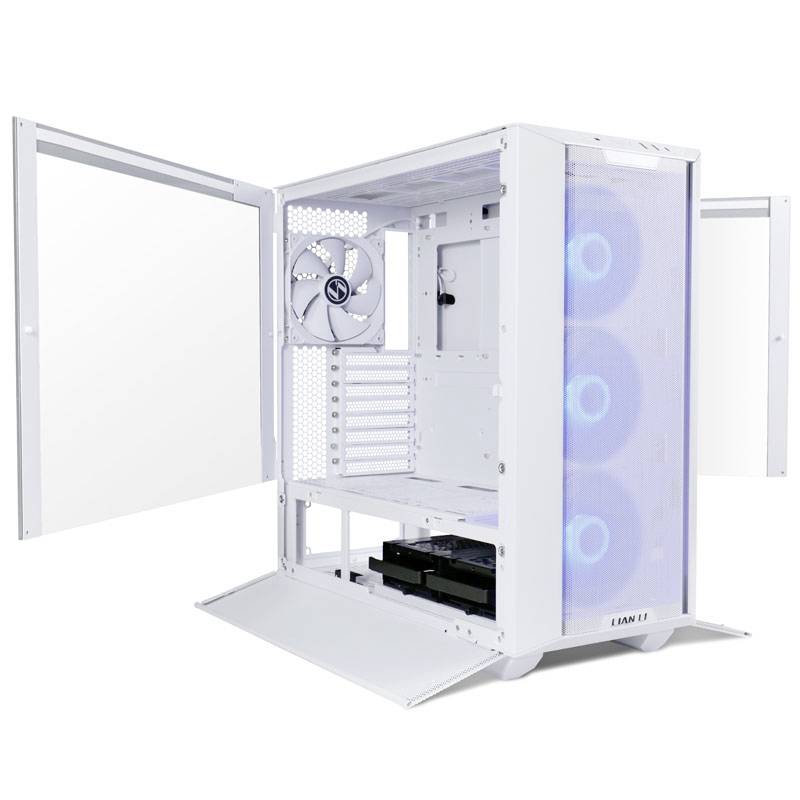 Open white PC case with three blue LED fans at the front and one at the rear wall, showing interior and fan placement.
