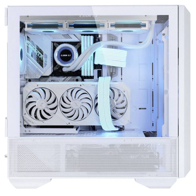 An open, illuminated computer case reveals fans and wiring in blue hues, with hardware visibly installed.