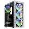 A white PC case with a side glass window displays three front fans with colourful RGB lights and an upper fan.