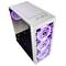 White computer case with purple LED lighting, opened to the left side, showing fans and power supply bays.