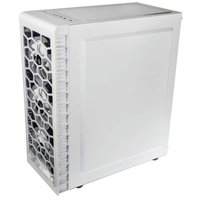 A white computer case with a side panel and multiple ventilation fans at the front, suitable for desktop computers.