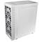 A white computer case with a side panel and multiple ventilation fans at the front, suitable for desktop computers.