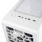 A white computer case with transparent fan grilles and multiple ports on the top surface, including USB ports.