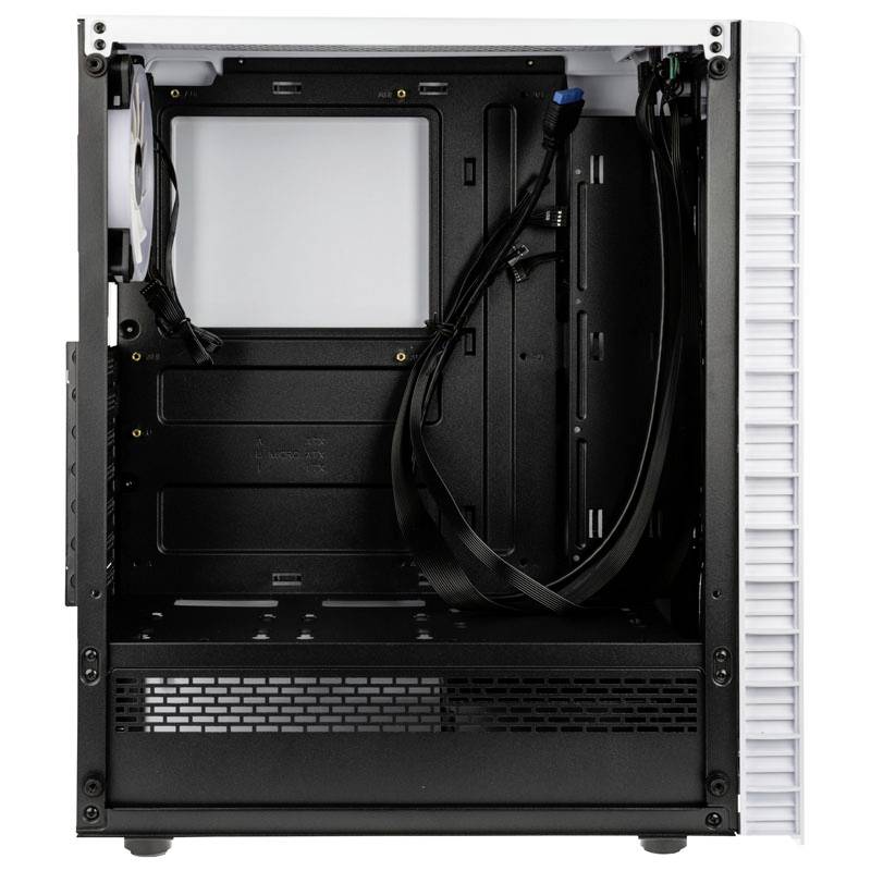 Computer case with an open interior, white front panel and black interior. Cable management spaces and fan mounting frames are visible.