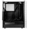 Computer case with an open interior, white front panel and black interior. Cable management spaces and fan mounting frames are visible.