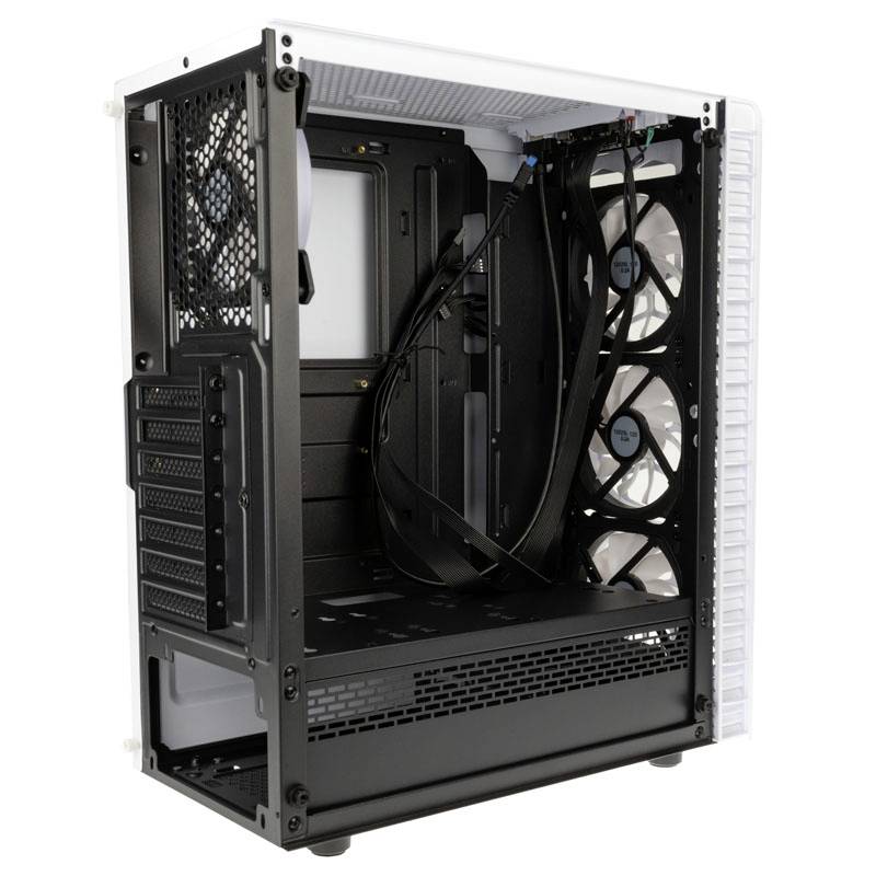 Empty computer case with visible fans and cables. Black internal chassis, white external casing. RAID and PCI slots visible.