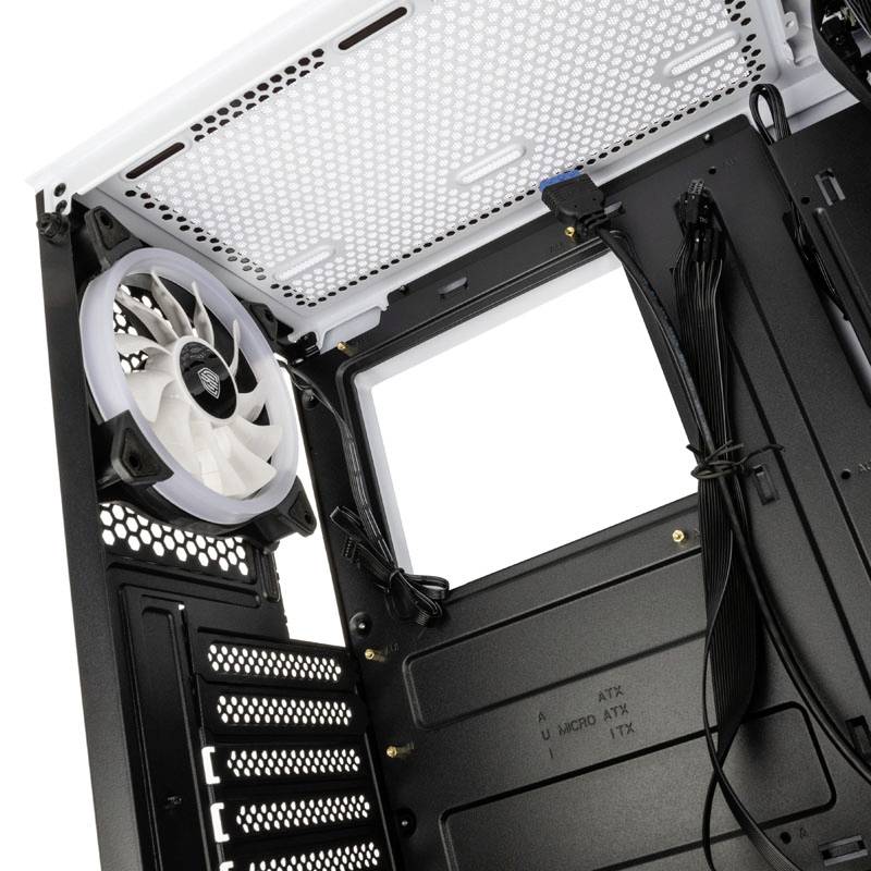 Open computer case with visible fans and space for hardware components.
