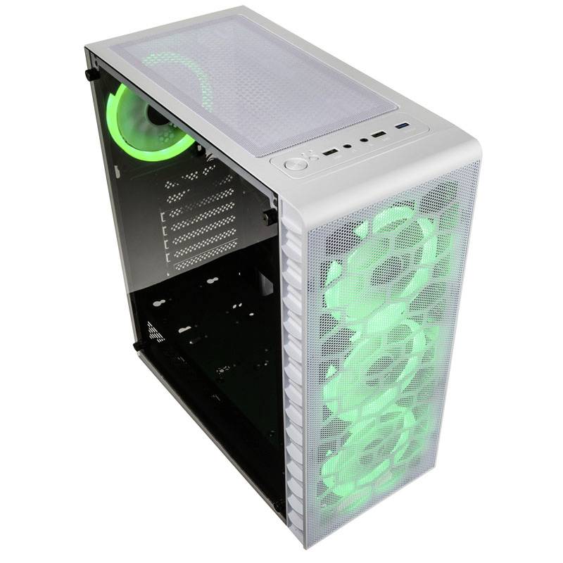 Stylish computer case with a transparent side panel and green LED fans, suitable for effective PC cooling and aesthetics.