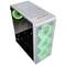 Stylish computer case with a transparent side panel and green LED fans, suitable for effective PC cooling and aesthetics.