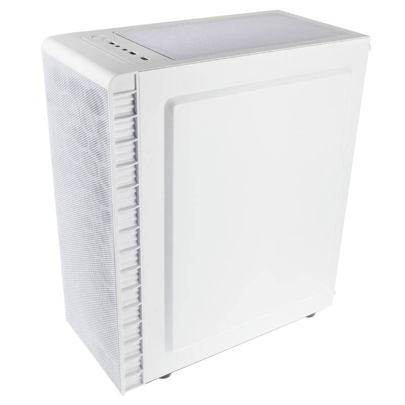 'White computer case with perforated design and ports on the top surface. Modern, minimalist design.'
