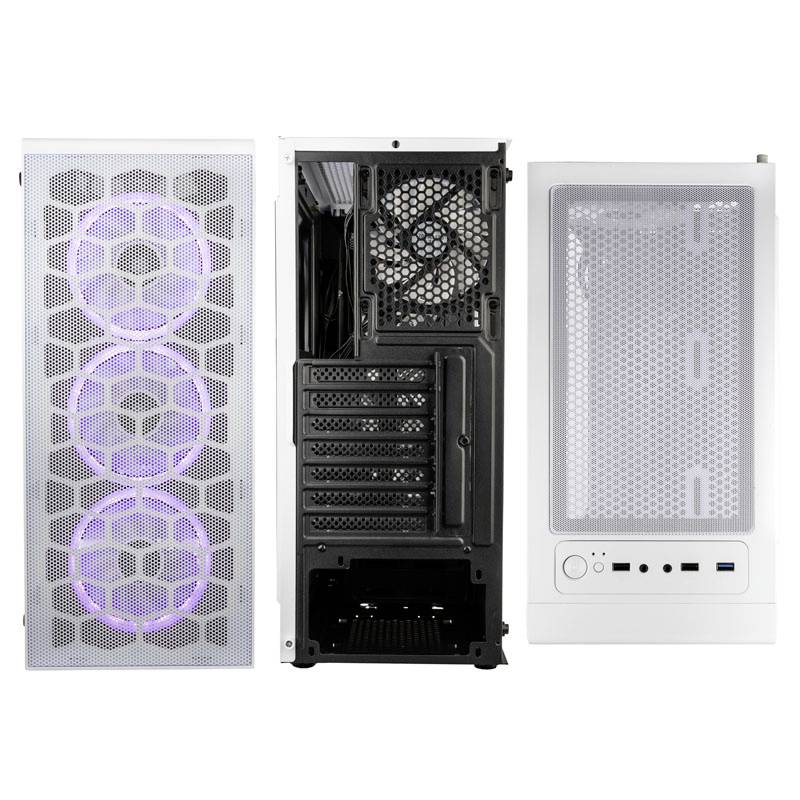 White PC case viewed from the front, back, and top. Front side displays illuminated fans; top side has connection options; back features expansion slots.
