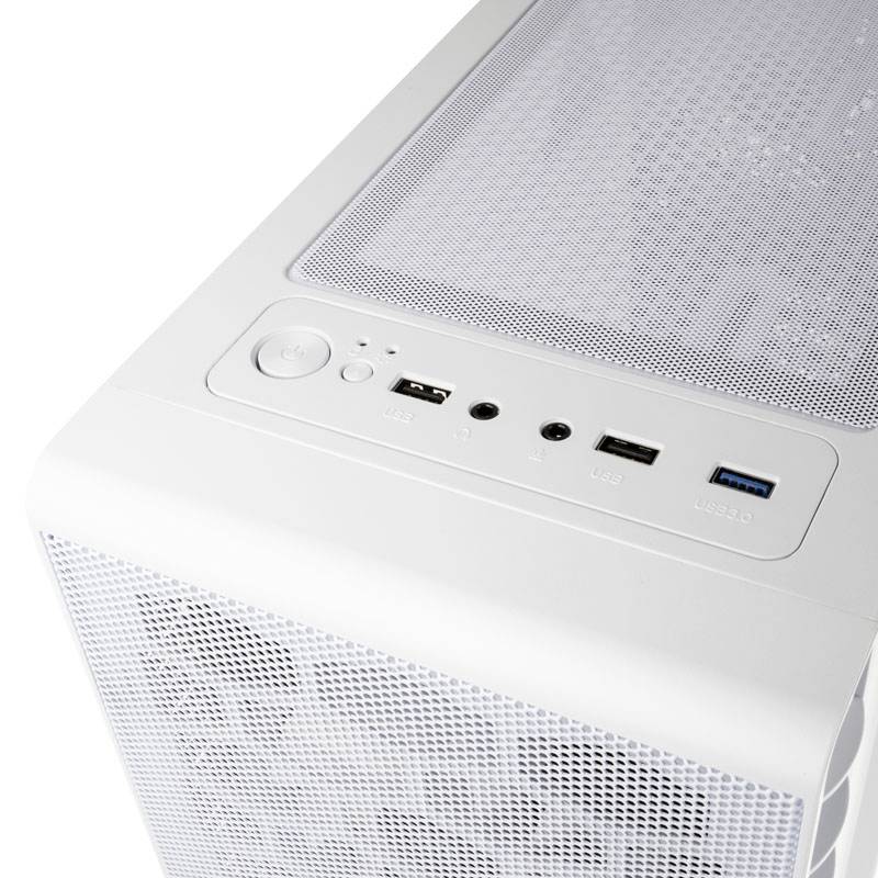 White computer cases with USB ports and a power switch on the top, mesh ventilation for effective air circulation.