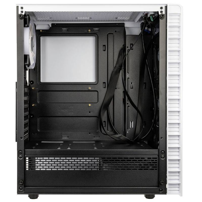 An empty computer tower with a side view of its interior. Cables and a fan are visible. No additional components installed.