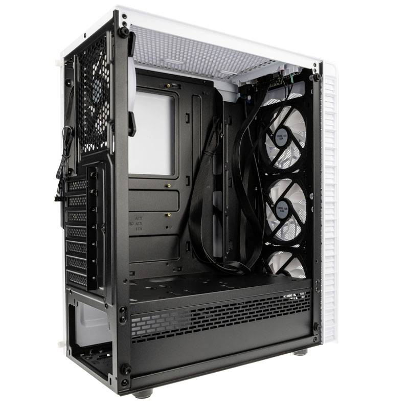 An open white computer case with fans and vacant expansion slots for components, ready for hardware installation.