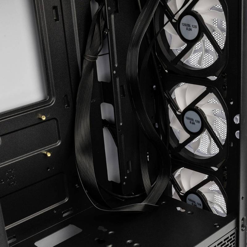Interior of a computer case with built-in fans and cabling that enables efficient air circulation and cooling.