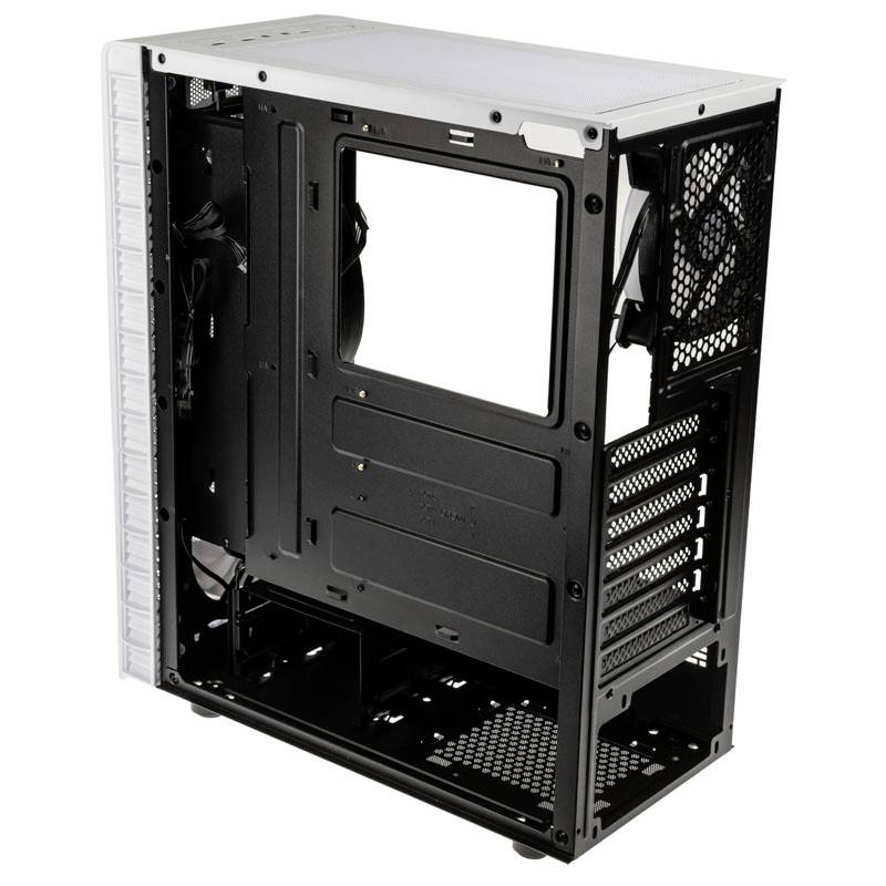 Empty metal computer case with fan and drive bays, side panel window, suitable for custom PC configuration.