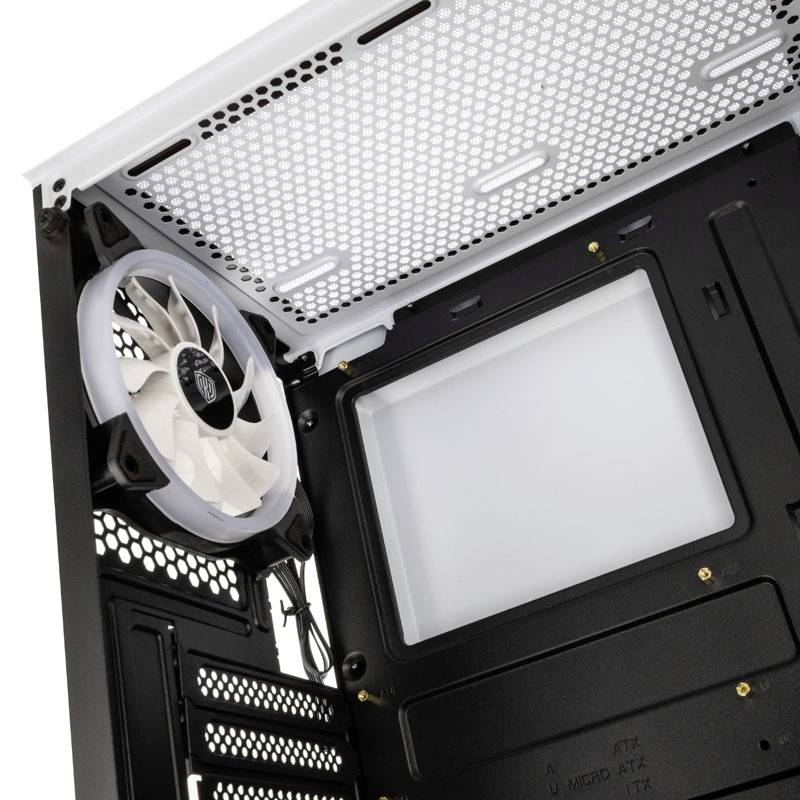 An open computer case with a visible fan and grille.