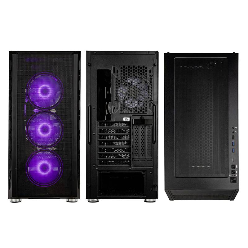 Three views of a computer case: Front with purple-illuminated fans, back showing connections and interior, side view with USB ports.